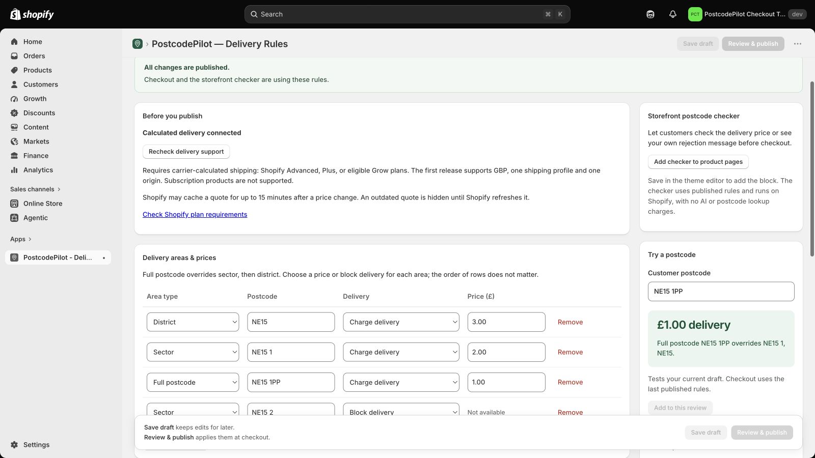 Actual PostcodePilot interface showing postcode delivery rules and the postcode tester